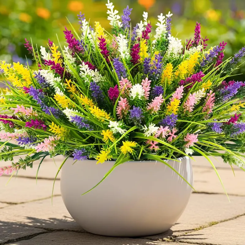 10-Pack Decorative Synthetic Dwarf Grass & Faux Floral Flower Bundle Artificial Plants, Outdoor Fake Greenery for Pot Garden, Verandah, Easter Window Patio Hanging Planter (Mix Color), Dwarf Grass Artificial Plants