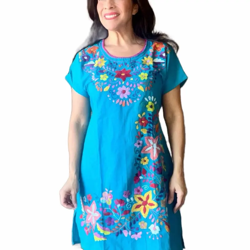 green emerald velvet dress Linen V-Neck Dress with Handmade Embroidery Lany