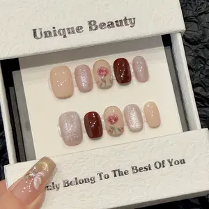 [Rose] Short Square Handmade Press on Nails, Fake Nails with Nail tool kit with Jelly Stickers, Reusable, Durable