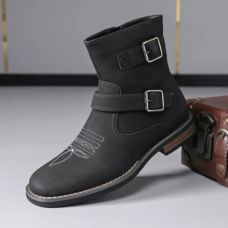 CYUW Vintage Western Cowboy Boots for Men — Double Buckles, Embroidered Mid-Calf Fashion Boots with Side Zipper and Chunky Heel, Workwear Motorcycle Short Boots Black