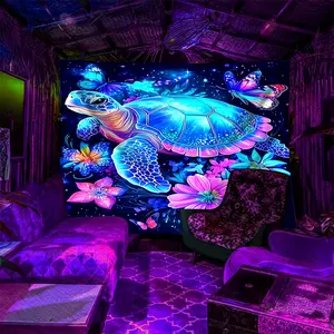 UV Reactive Neon Sea Turtle Butterfly Floral Tapestry - Blacklight Party Wall Decor For Bedroom Gaming Room - Machine Washable Polyester Hanging Art Gift For Teens Women