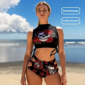 Premium Skull & Rose Print High Neck 2-Piece Bikini Set Quick Dry Cutout Swimwear for Women Gothic Style