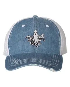 Floating Ghost Halloween Embroidered Distressed Trucker Cap