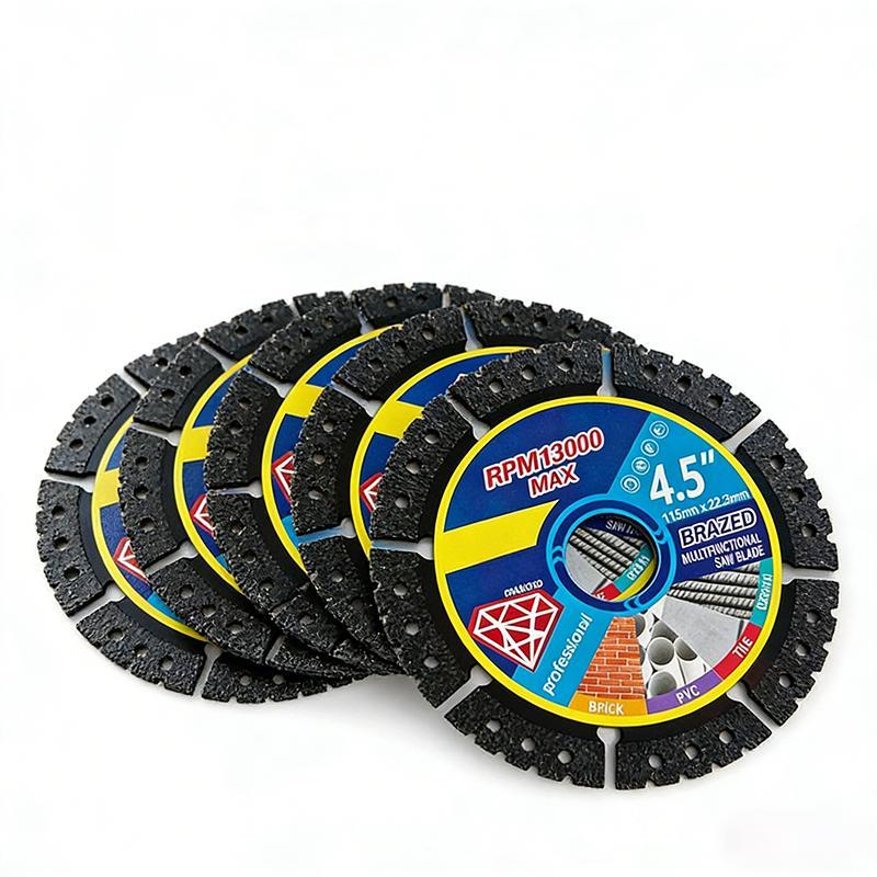 115mm 4.5-inch multi-material angle grinder cutting blades, available in 3-piece, 6-piece, and 12-piece multi-size sets, suitable for dry cutting, capable of cutting a variety of materials such as metal, tile, stone, plastic, cast iron, marble, and more.