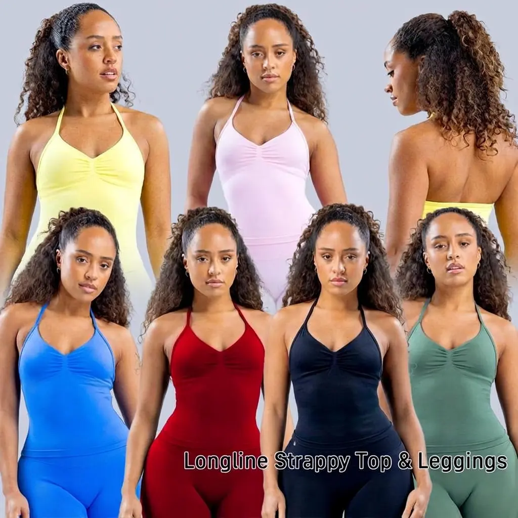DFYN Impact Longline Strappy Top & Leggings Set - Seamless Sculpted Fit with Cross-Back Support Bra & Booty-Lifting Bottoms for Fitness Clothes Compression Activewear