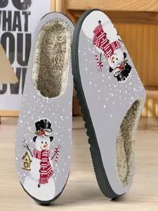 Cute Snowman Cotton Slippers, Light Base with Cartoon Snowman Decor, Festive Holiday Elements, Soft Plush Lining, Casual Home Wear