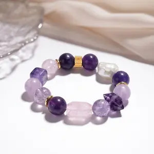 Lilac Mixed Crystal Energy Bracelet Chunky Amethyst Dreamy Amethyst Rose Quartz Summery Summervibe Fairycore Gift for Girl for Women