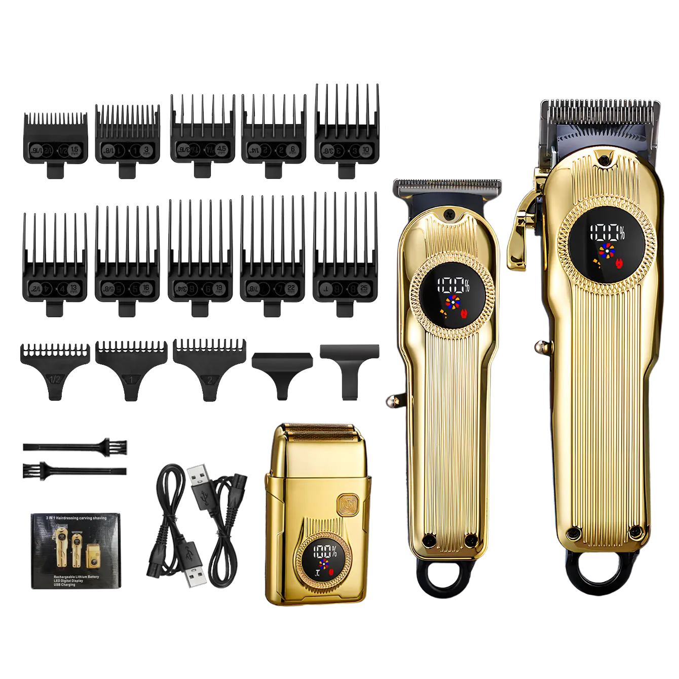 KiKiDO 3-in-1 Gold Hair Clipper Set for Men Barber Professional Trimmer Foil Shaver LED Display USB Rechargeable Multiple Guides