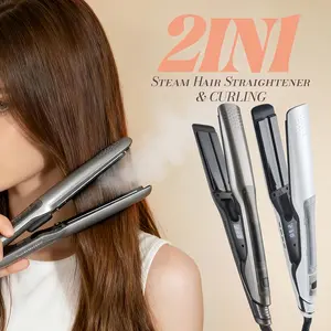 1PC Fast heating dual voltage steam curling iron, straightener, 2-in-1 professional ceramic wide plate steam flat iron, with LCD display, 14 adjustable temperature settings, water tank hair care steam, anti-scald design, straightener