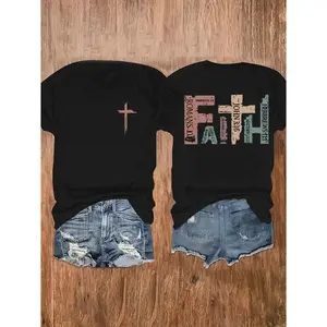 Women's Christian faith pattern T-shirt with soft cotton short sleeved round neck and crossed front printed with scriptures, casual summer church worship gift T-shirtRAIMENTRY