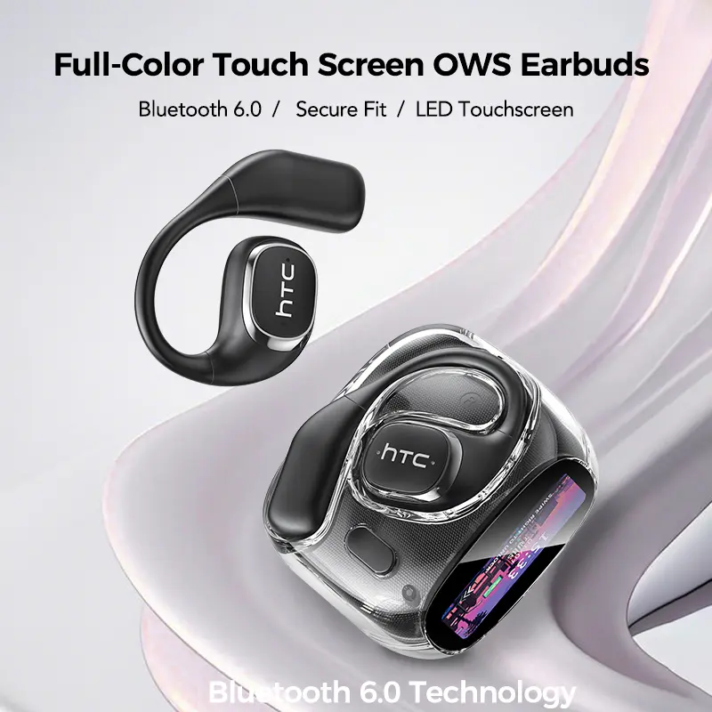 HTC NE11 Open-Ear Bluetooth Earbuds,LED Multi-function Touch Screen,Bluetooth 6.0 Wireless Earbuds,Built-in Microphone,Clear Calls,Bass Boost Stereo,30-Hour Battery Life,IPX5 Waterproof Sports Earbuds
