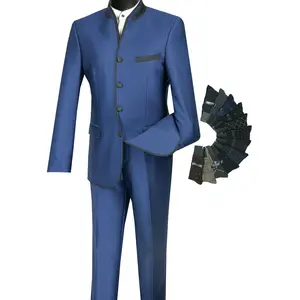 Sharkskin Slim-Fit Banded-Collar Nehru Church Suit Blue