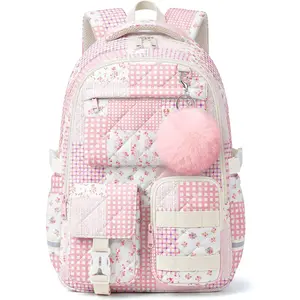 Quilted Backpack for Teen Girls,Cute Pink Patchwork School Backpack with Multi-Pocket Design,Lightweight Cotton Bookbag Fits 15.6" Laptop,Large Capacity Aesthetic Backpack with Plush Charm