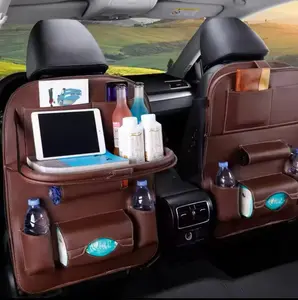 Car Seat Back Organizer with Foldable Table Tray for Food and Snacks, PU Leather Storage Organizer with Multiple Pockets, Car Interior Kick Mat Accessories, Folding Tables