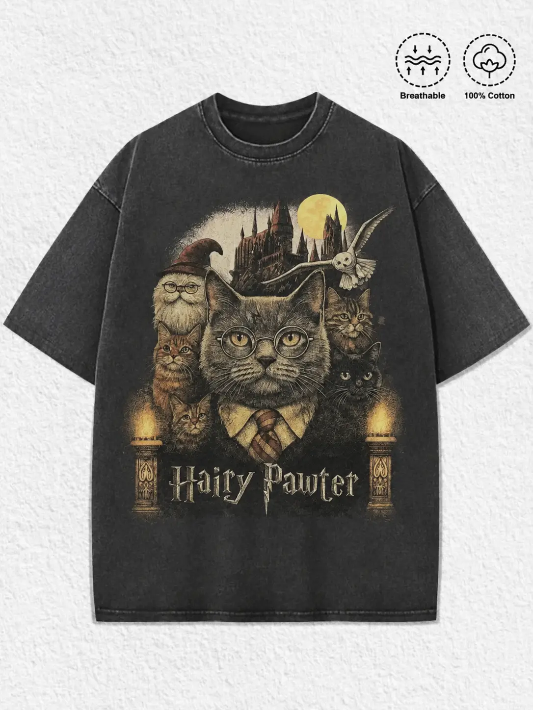 Hairy Pawter Vintage 90s Graphic Tee | Retro Funny Cat Wizard Fantasy Shirt | Wizarding School Comfort Colors Tee, Book Reader Gift