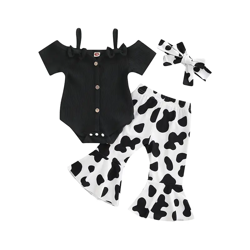 3Pcs Baby Girls Romper Outfit, 0-24 Months Sweet Style Bow Short Sleeve Suspender Jumpsuit + Irregular Spot Bell-bottomed Pants + Headwear Newborn Gif