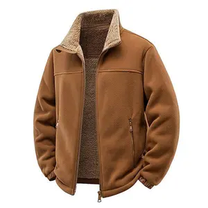 Men's Outdoor Fleece-Lined Sherpa Jacket with Stand Collar Durable Full-Zip Design for Hiking & Casual Wear Menswear Coats Beige Brown Long Sleeve Plain