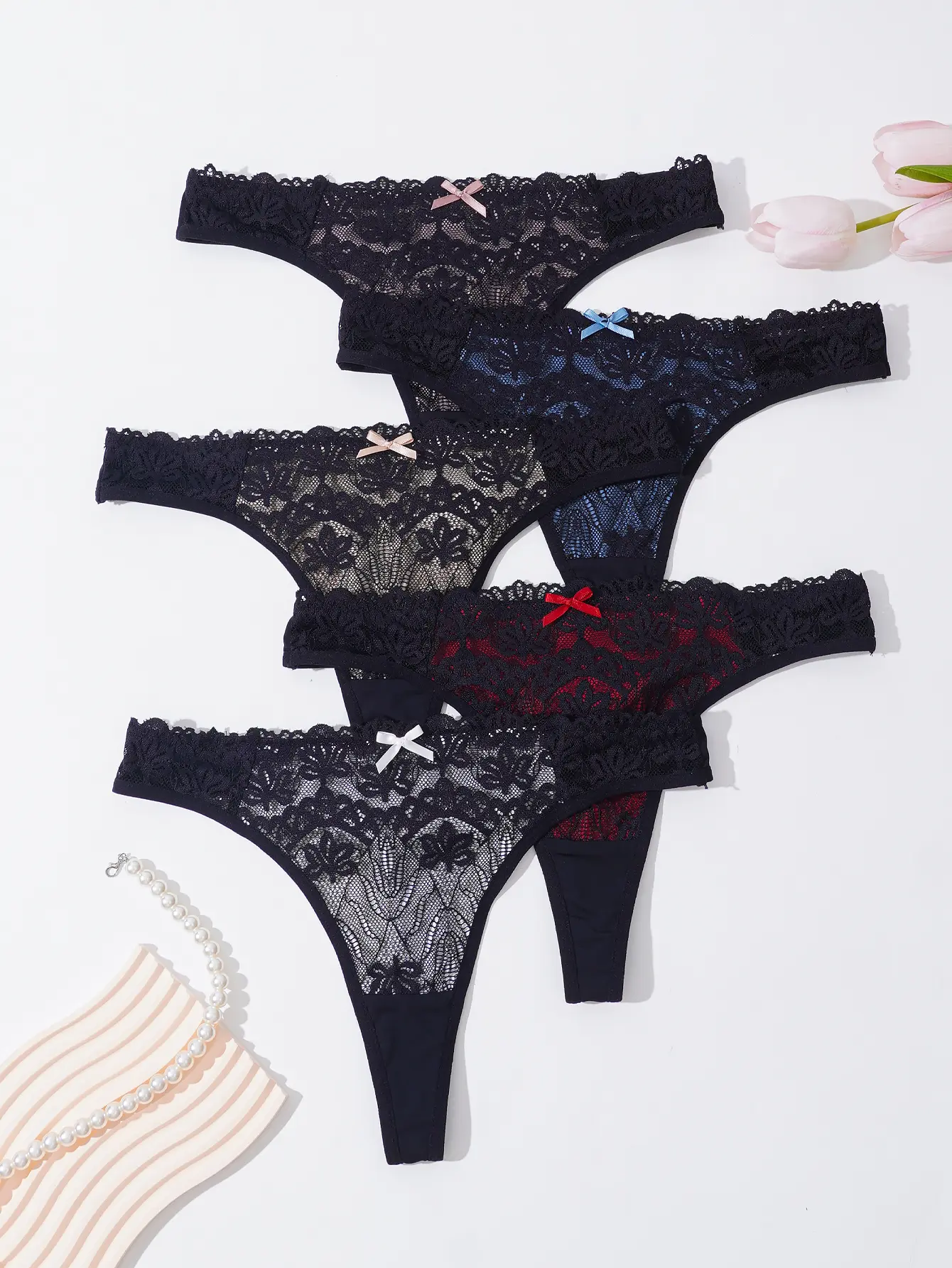 Collection of 5 Stylish Black Color-Blocked Floral Thong Underwear with Lace Edging - Low Rise, Soft Material, Ideal for Women'S Home Wear, Opulent And Trendy Lingerie, Great Christmas Present, Gifts for Women, Couples