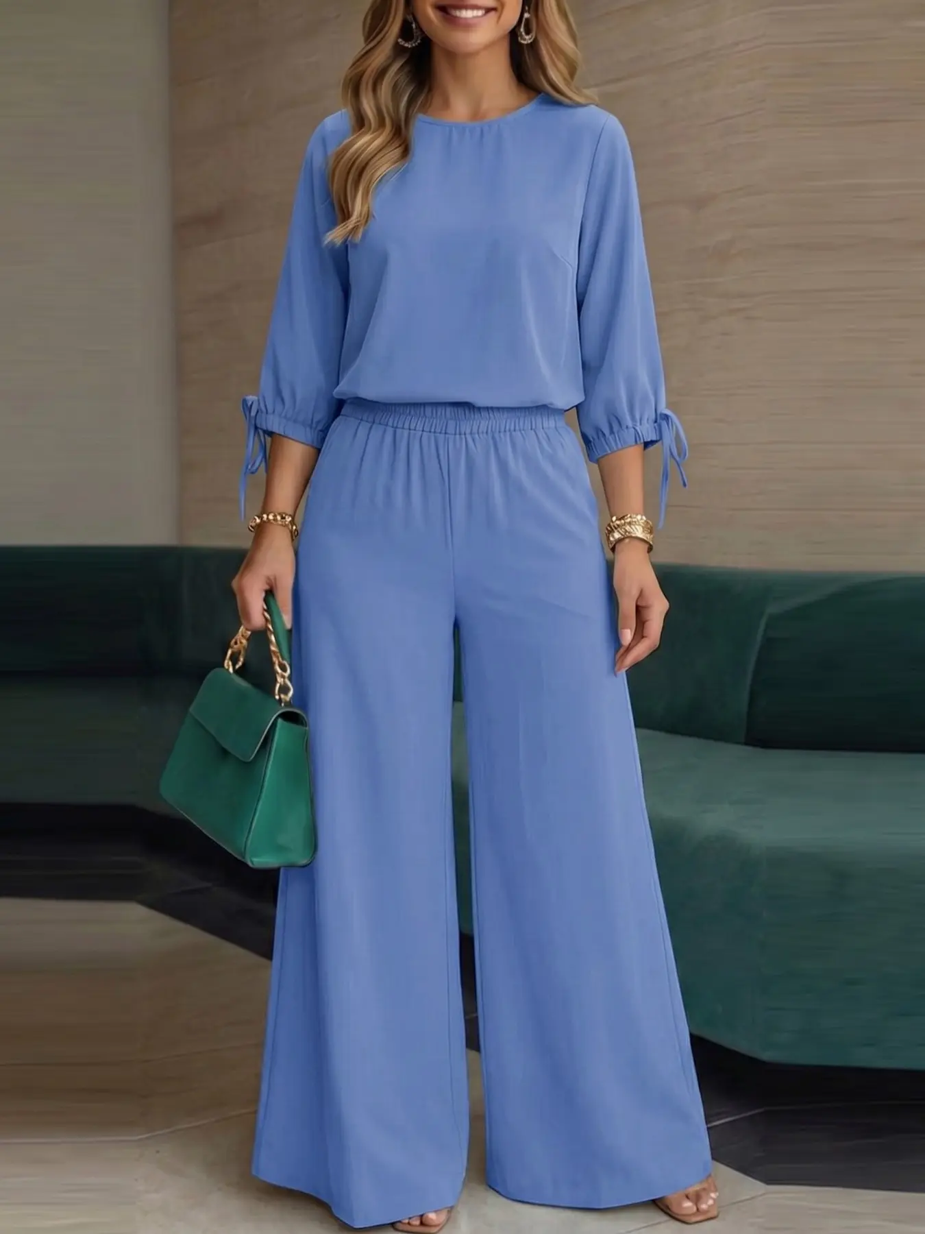 ZANZEA Women's Clothes Solid Color Round Neck Three-Quarter Sleeve Top and Elastic Waist Long Pants Set, Two-Piece Set, Loose H-Type Design, European and American Office Casual Style, Outfit
