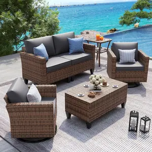 UDPATIO Modern 5-Pieces Stable Wicker Rattan Outdoor Furniture Set, Rocking Swivel Chairs, Storage Table, Waterproof Covers, Assembly Required for Backyard, Balconies, Grey