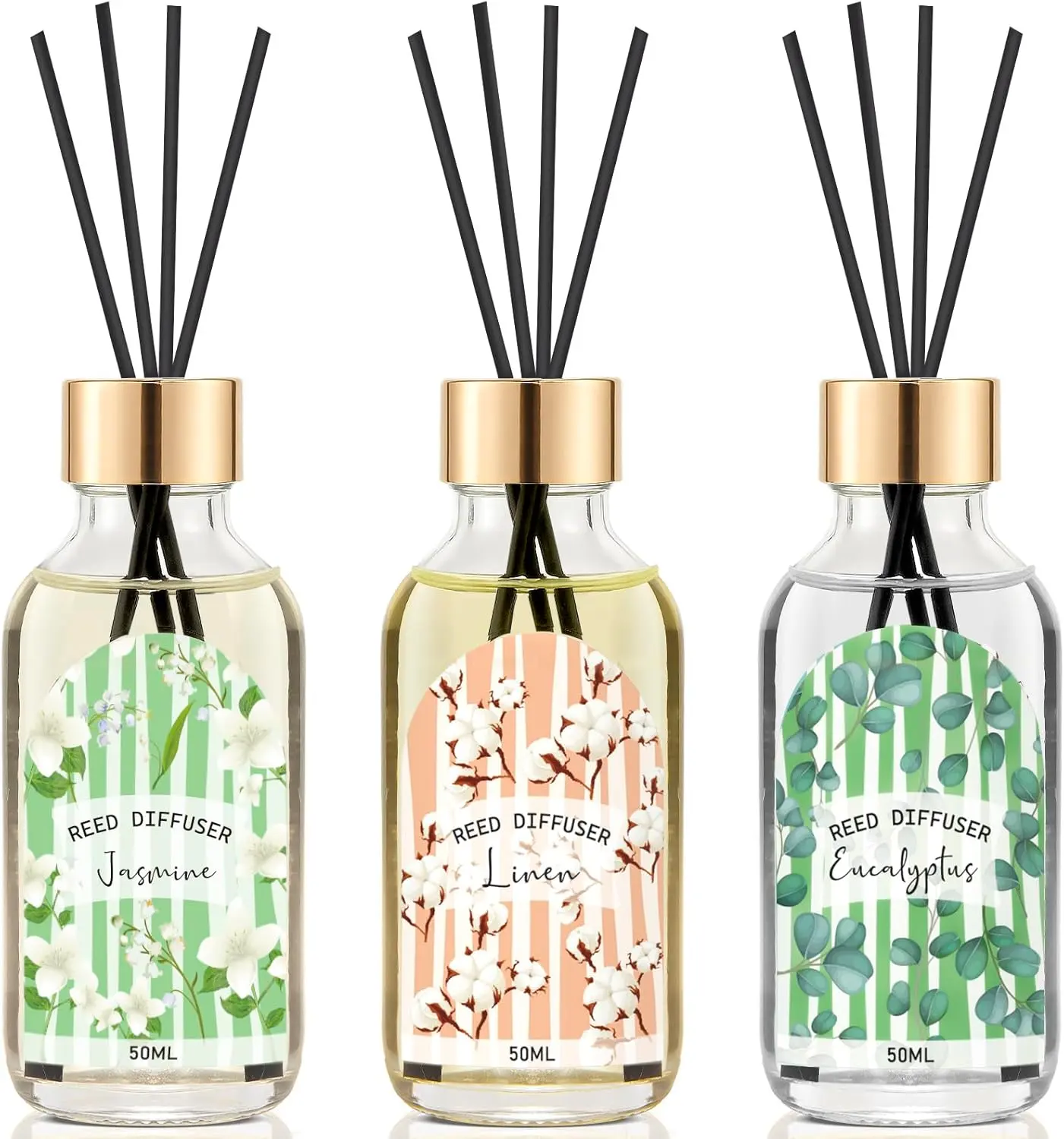 Reed Diffuser of 3 Pack, Linen Eucalyptus Jasmine Oil Diffuser Set with 15 Sticks, Bathroom Air Freshener, Aromarapy Reed Diffusers for , Office, 1.7 Fl. Oz Each, Total 5.1 Fl. Oz