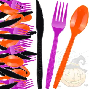 300 Pieces Halloween Plastic Cutlery Set Halloween Forks Spoons Knives Utensils Colored Black Orange Purple Disposable Tableware for Halloween, Zombie Cosplay, Trick Or Treat Party Supplies