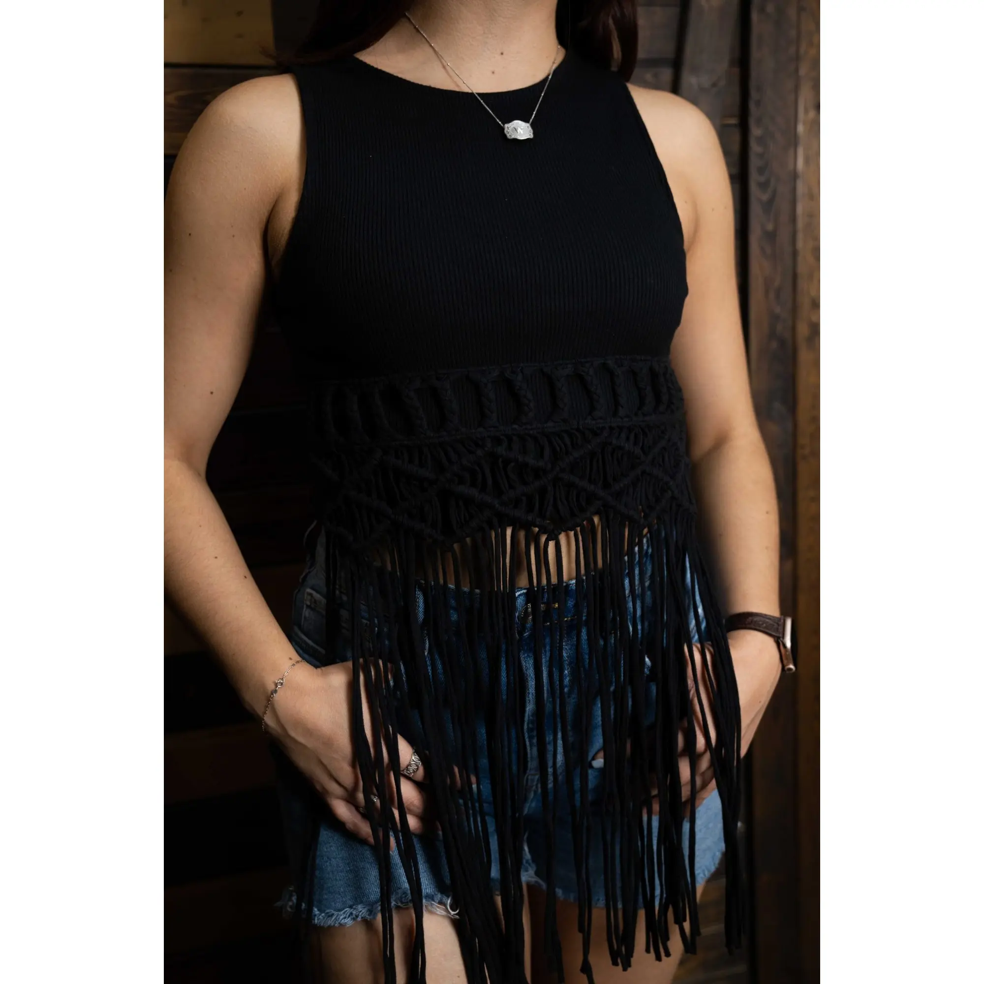 Rock & Roll: Black Macrame Fringe Sleeveless Top