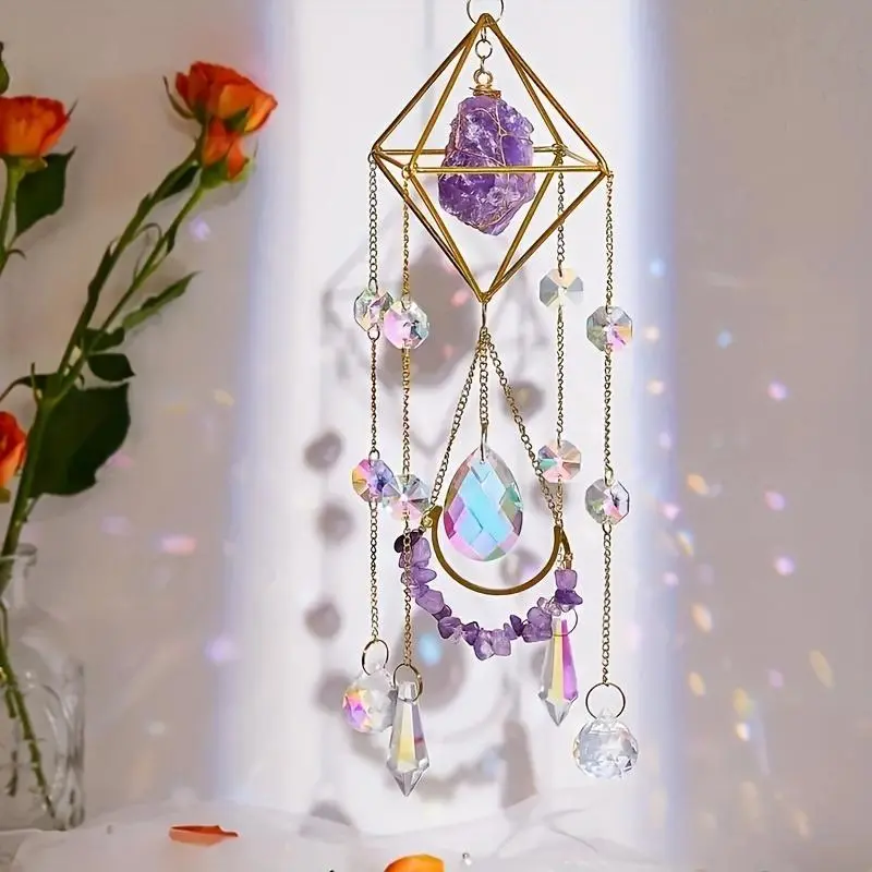 Amethyst Crystal Sun Catcher, 1 Count Hanging Sun Catcher, Healing Amethyst Crystal Hanging Ornament, Home Decor, Home Decorative Ornament, Room Decor, Bedroom Decor, Hangable Room Decor, Aesthetic Design, Home Hanging Decoration