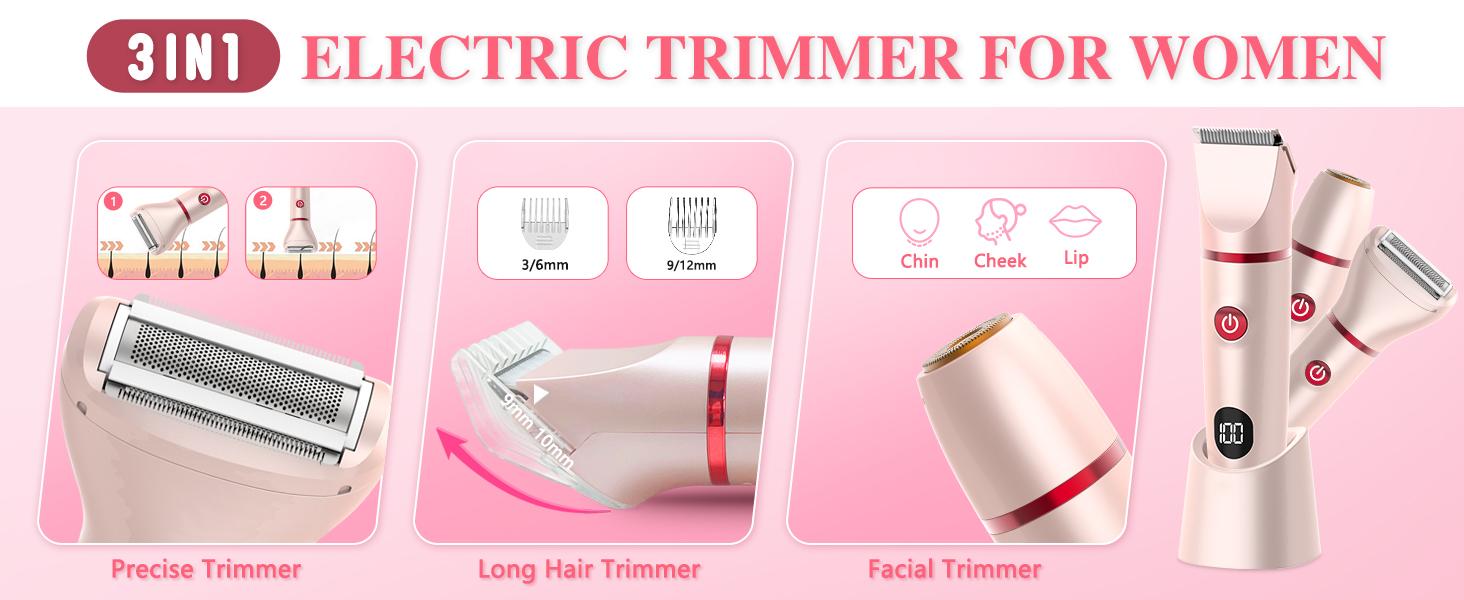 Bikini Trimmer for Women, Electric Razor for Pubic Hair 3-in-1, Bikini Shaver for Legs Body Hair, Womens Electric Razor IPX6 Waterproof, Gifts for Women