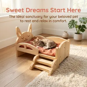 Pet Bed with Ladder, Cartoon Rabbit Wooden House, Stable Non-Slip Durable, Suitable for Rabbits, Chinchillas, Small Pets, Comfortable Nap Furniture