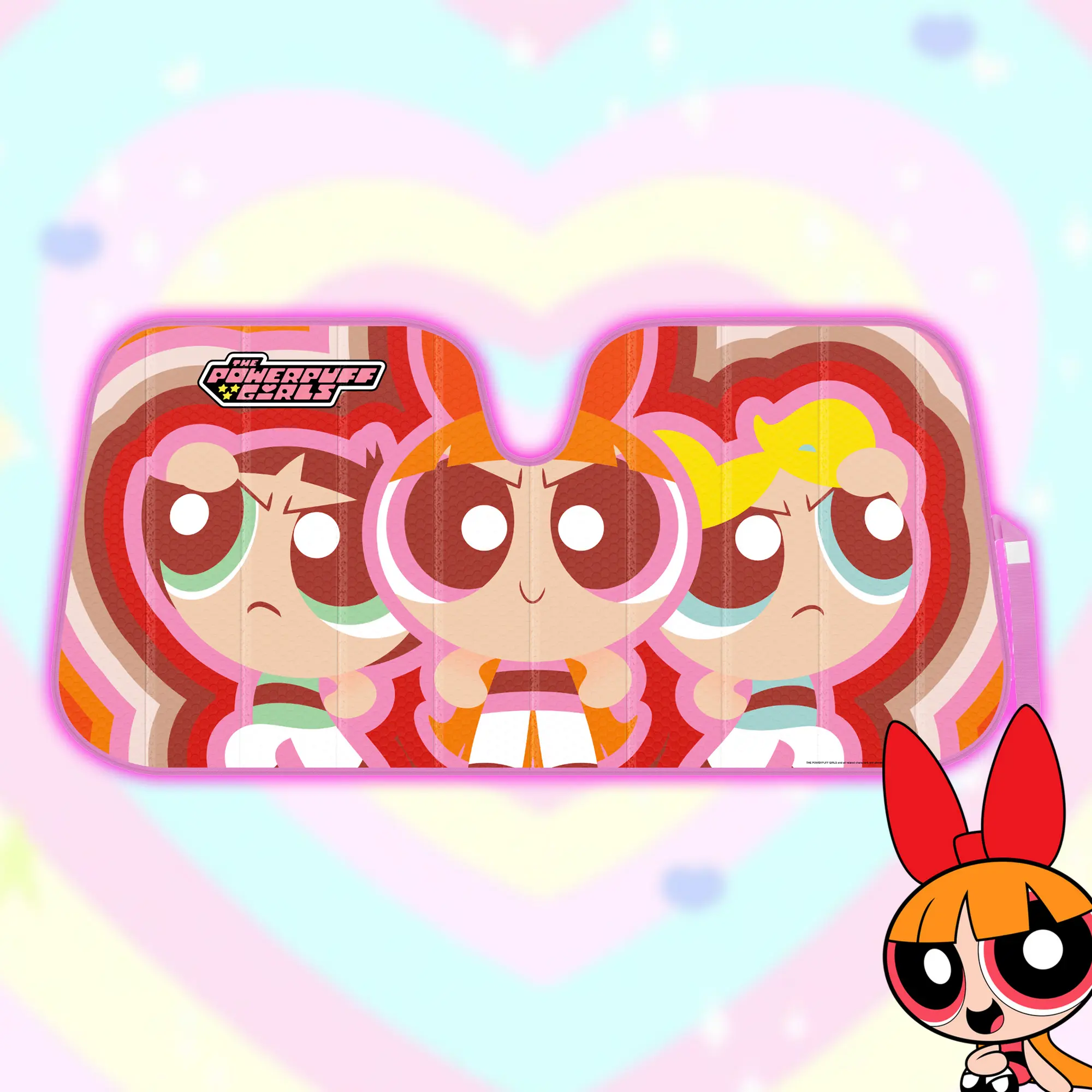 Powerpuff Girls Car Windshield Sunshade, 58"W x 27"L Front Windshield Accordion Fold-Up UV Protective Car Accessory, Universal Fit Vehicle Accessory for Warner Bros Blossom Bubbles Buttercup Fans, Car Sunshade Windshield Outside