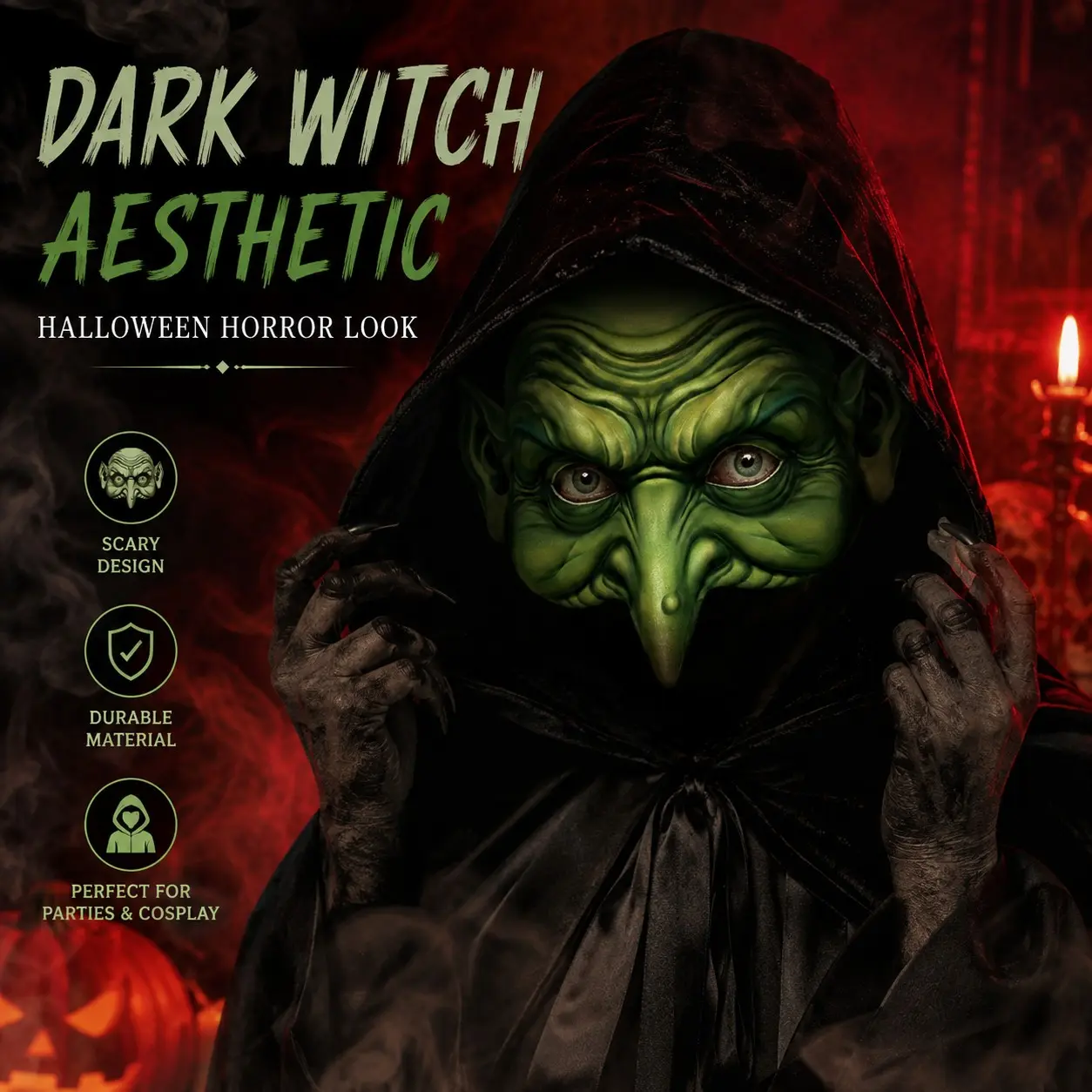 Halloween Witch Costume Set for Adults, Scary Witch Mask, Cloak & Witch Hat, Horror Cosplay for Halloween Party