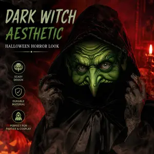 Halloween Witch Costume Set for Adults, Scary Witch Mask, Cloak & Witch Hat, Horror Cosplay for Halloween Party