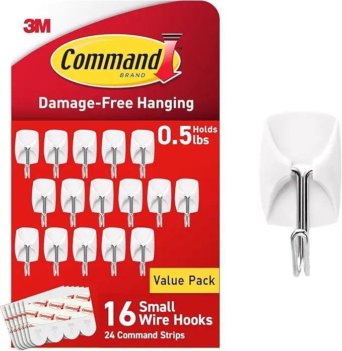 Command White Plastic Small Wire Toggle Hooks, 16 Hooks & 24 Strips, Damage-Free Wall Mount Organiser for Home & Office Organization, Holds 0.5 lbs