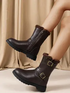 Girls' Fashionable Warm Mid-Calf Boots, New Winter Boots, PU Leather Upper & Tpr Sole, Fall Winter Footwear, Comfortable Kids Shoes