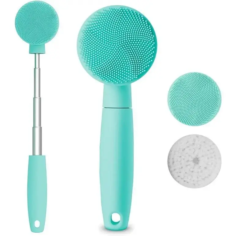 Electric Silicone 2-in-1 Body Scrubber - Retractable Extended Long Handle, 2 Rotating Heads, 3 Clean Levels, Waterproof, Hanging Portable Blue Bath Back Brush for Men, Personal Care Appliance, Water Proof