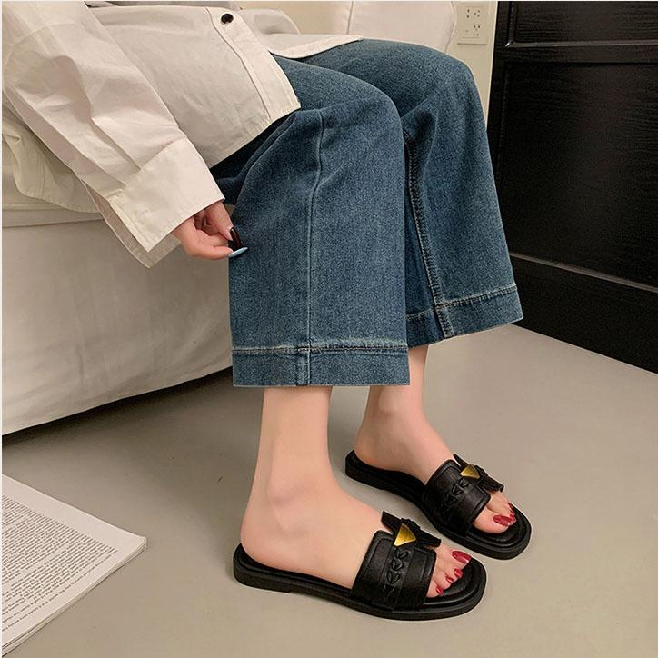 Women's Elegant Gold Triangle Accent Open Toe Mules - Comfortable Flat Sandals for Commuting & Summer Outings