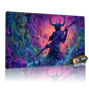 Psychedelic Horned Humanoid Dark Fantasy TCG MTG Playmat 12x24in, Non-Slip for Card Games, Swirling Teal Purple Magenta Alien Landscape, Gift for Board Game Enthusiasts Family Gathering