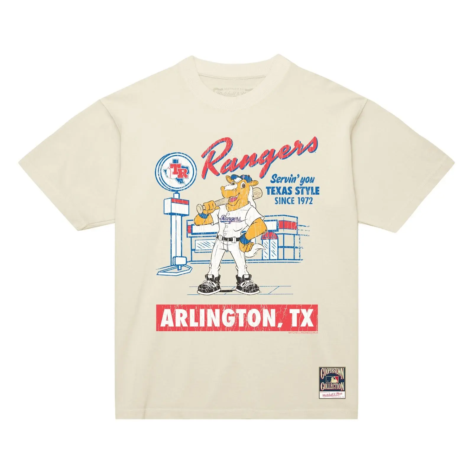Texas Rangers Cream Deli Arch T-Shirt MLB Throwback Tee Graphic Vintage Fan Gear Mitchell & Ness