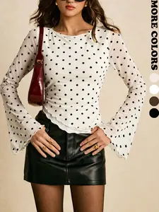 Elegant Women's Commuter Blouse with Eyelet Details, Asymmetric Hemline Design, Long Sleeve Top for Stylish Office Wear