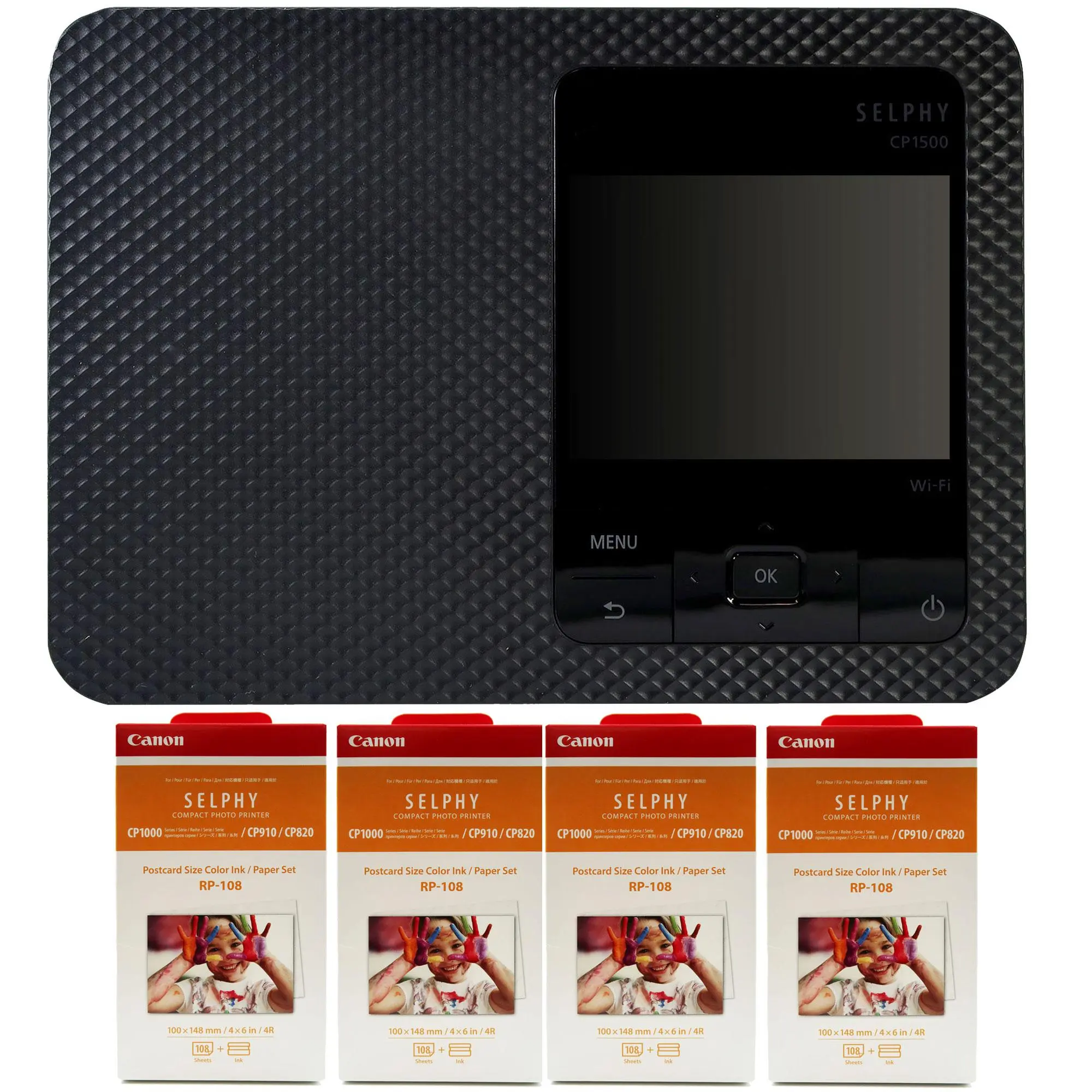 Canon SELPHY CP1500 Compact Photo Printer (Black) + 4x Canon RP-108 High-Capacity Color Ink and Paper Set