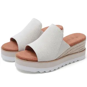 Platform Sandals Espadrilles Mules for Women Wedge Open Toe Slip On Sandals Raffia Womens Slides Shoes for Summer Vacation Beach Casual Footwear Girl