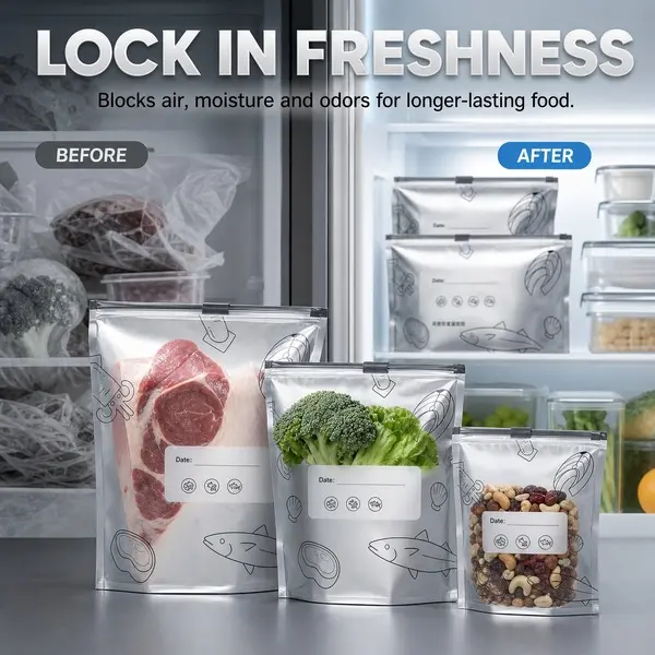 Reusable Aluminum Foil Food Storage Bags 30-Pack, Light-Blocking Oxygen Barrier Slider Freezer Pouches, Waterproof Oil-Resistant Sealed Bags with Labels for Meat Seafood Fruits Vegetables Refrigerator Organizer