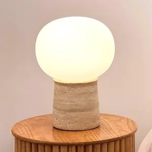 Brightech Neptune LED Table Lamp - Modern Mushroom Style Lamp with Natural Base, Glass Globe Lampshade for Bedroom, Living Room, Bedside - 2700k Dimmable Soft White Light at Side Table, End Table