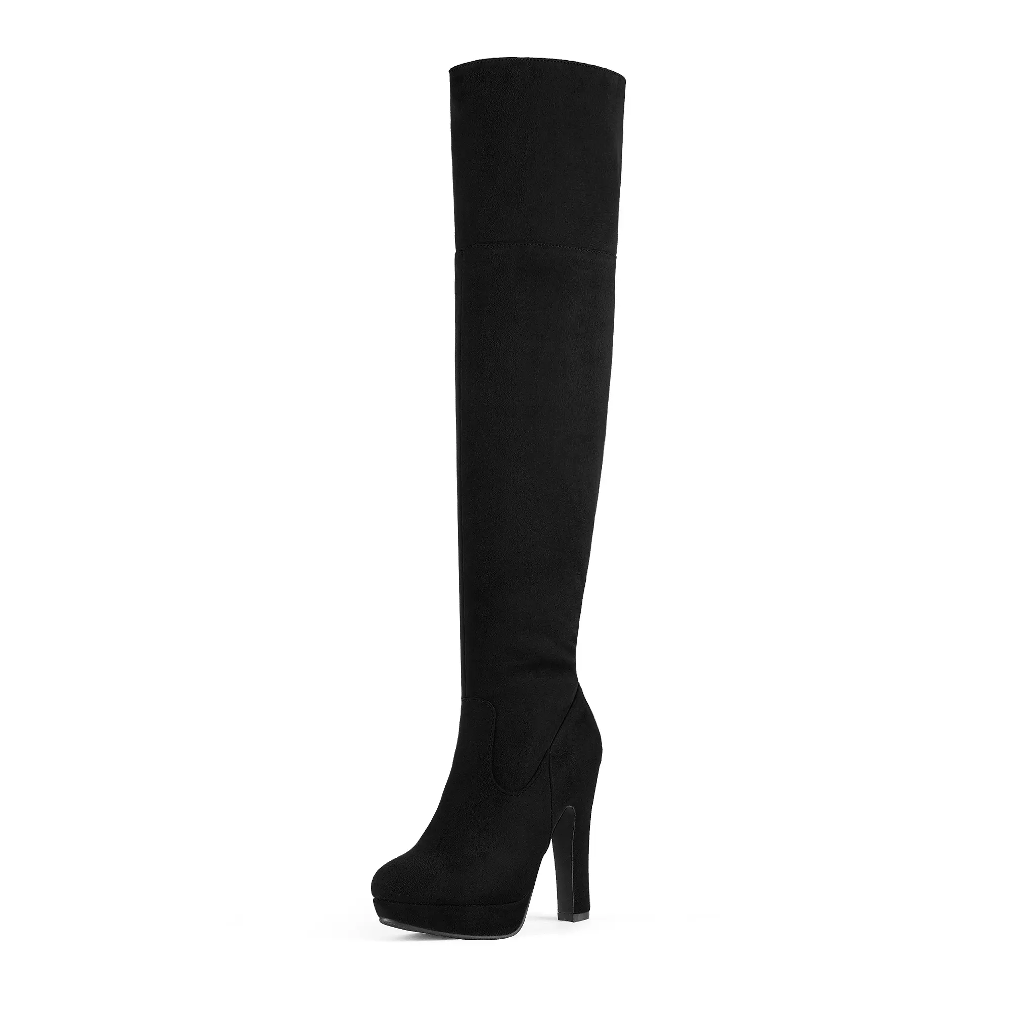 Dream Pairs Women's Thigh-High Boots, Statement Chunky Platform with Round Toe and 5-Inch Heel in Stretchy Suede, Statement Shoes