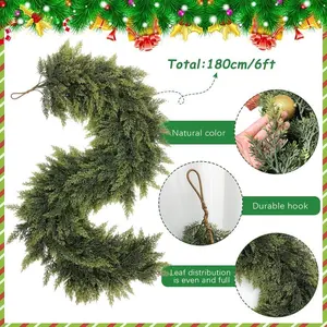 6FT thick and lush real touch firework decoration，upgraded cedar vine with 180 green leaves, featuring dense foliage and rich layers. An ideal choice for Christmas décor, perfect for tables, staircases, mantels, and more. Home Ornament Gifts
