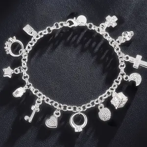 1pc Elegant Silver Heart & Key Pendant Bracelet for Women, Decorated with 13 Mini Charms, Bohemian Style Shiny Exquisite Silver Bracelet, Fashion Jewelry Accessory, Ideal Statement Bangle, Perfect Gift for Wife & Girlfriend, Birthday & Holiday Present