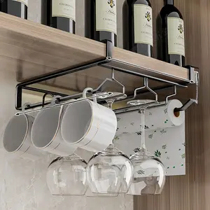 Three-in-one under-cabinet wine glass rack, no-drill hanging cup rack with paper towel holder, rust-proof kitchen storage rack, suitable for home bars