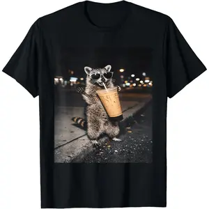 Raccoon Drinking Iced Coffee Funny for Men, Women, Meme T-Shirt