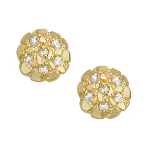MaxBling81 14K Solid Brass Premium Golden Nugget Iced Ear Studs, Cubic Zirconia Fashion Jewelry, Unisex for Men & Women, 10mm/12mm/14mm/16mm/20mm Sizes